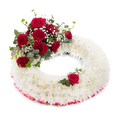 White Massed Wreath with Red Rose Spray