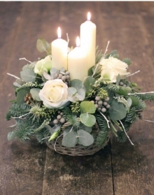 White Table Arrangement   Three Candles